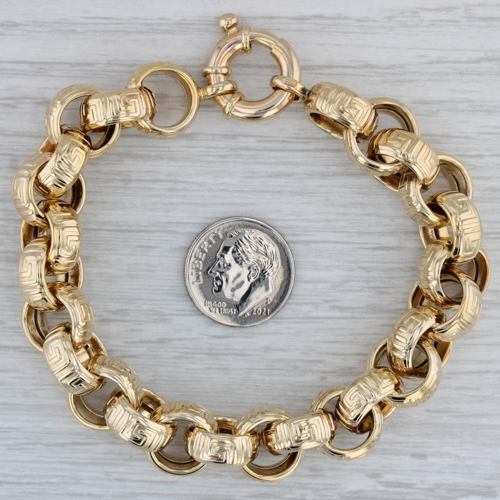 Gray Greek Key Pattern Cable Chain Bracelet 14k Yellow Gold 8" 12.3mm