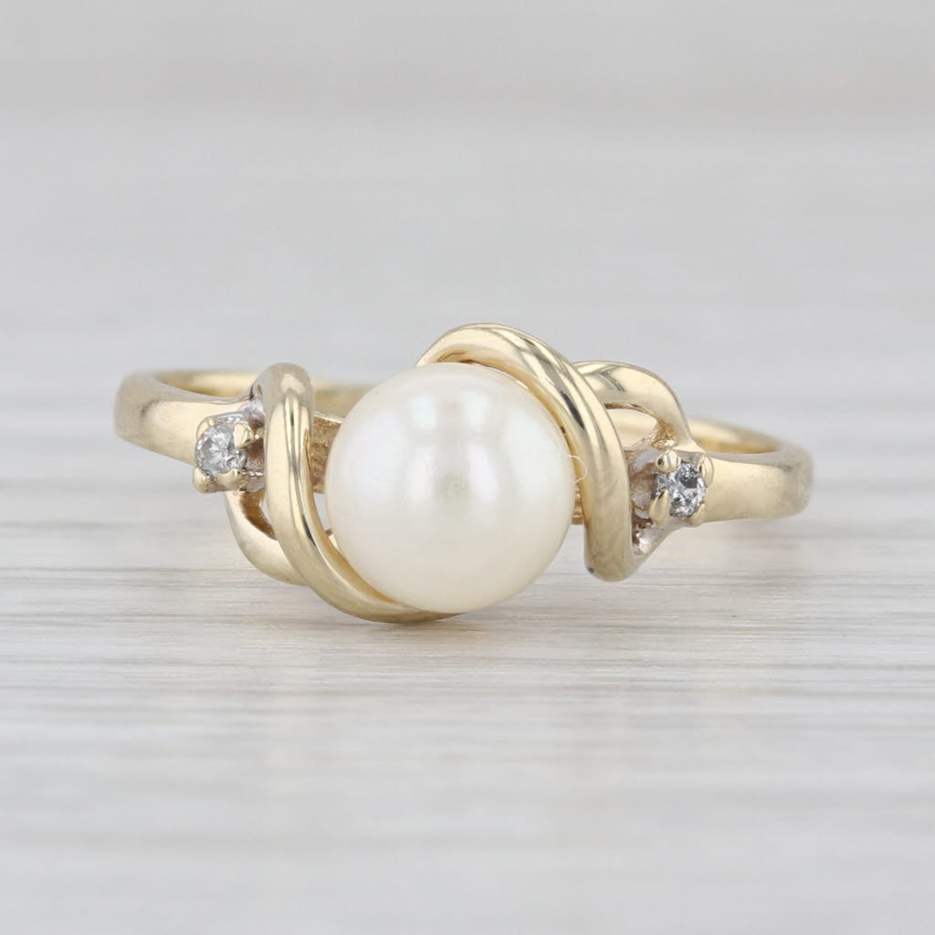 Cultured Pearl Diamond Ring 10k Yellow Gold Size 6.75