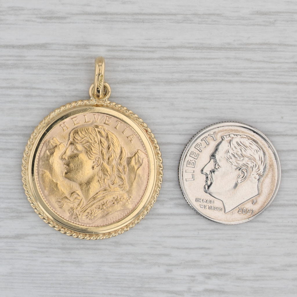 Gray 1935 20 Franc Helvetia Swiss Coin 18k Bezel 900 Gold Coin