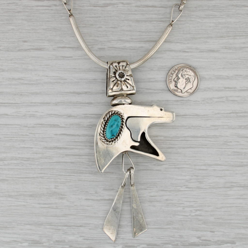 Jeff Jackson Navajo Native American Bear Necklace Turquoise Sterling Silver 25"