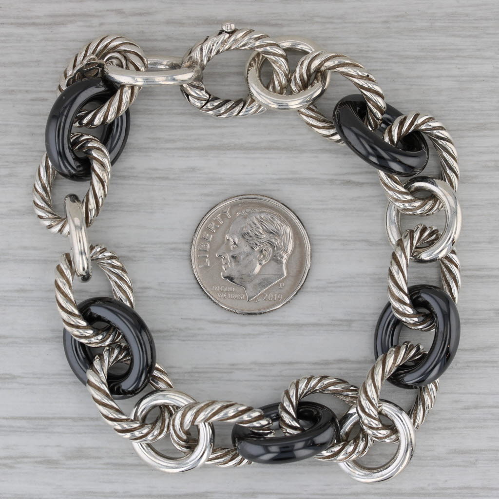 Dark Gray David Yurman Ceramic Sterling Silver Cable Chain Bracelet 7" 13.3mm