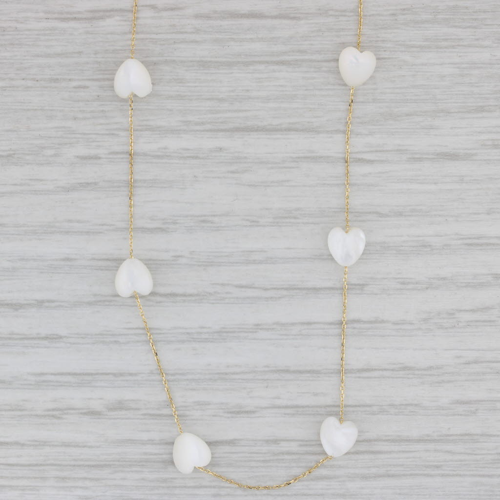 Gray Mother of Pearl Heart Stations Necklace 14k Yellow Gold 17.75" Cable Chain