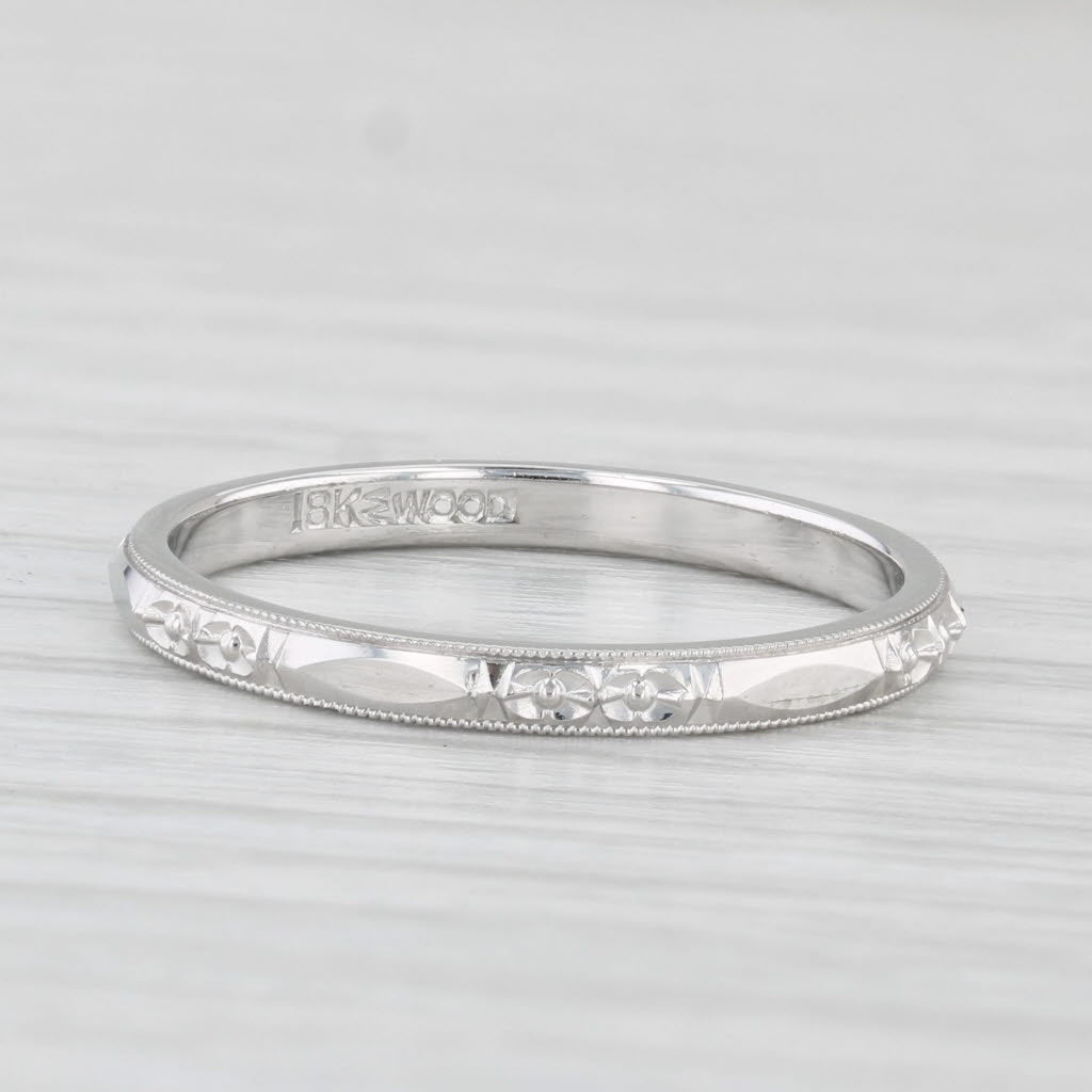 Light Gray Art Deco Wedding Band 18k White Gold Size 6.25 stackable Ring Wood