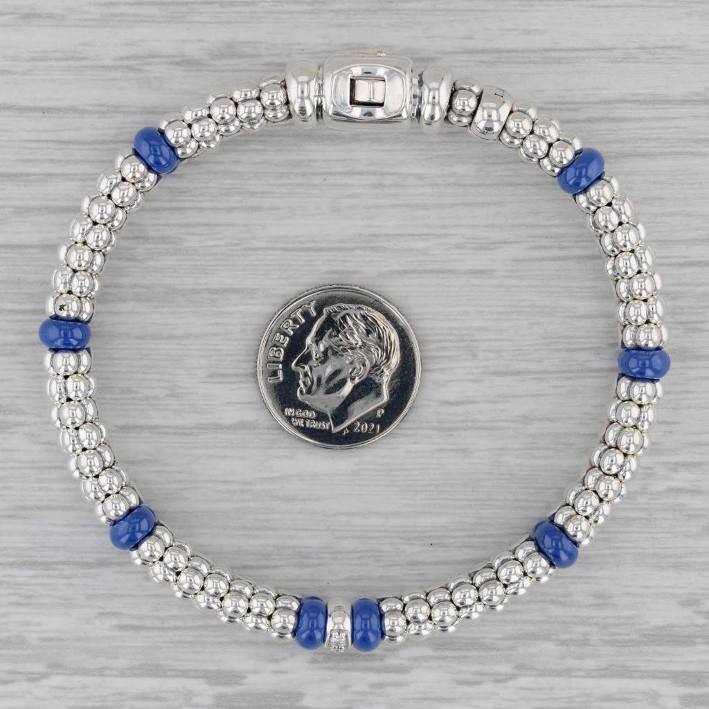 Gray Lagos Bead Bracelet 0.10ctw Diamond Sterling Silver Blue Ceramic 6.75" w/ Bag