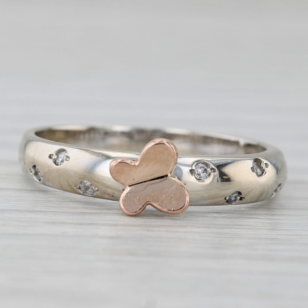 Gray Cubic Zirconia Butterfly Ring 14k White Rose Gold Stackable Size 7.5