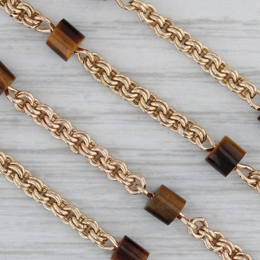 Gray Vintage Tiger's Eye Bead Cable Chain Necklace 14k Yellow Gold 30.5" Long
