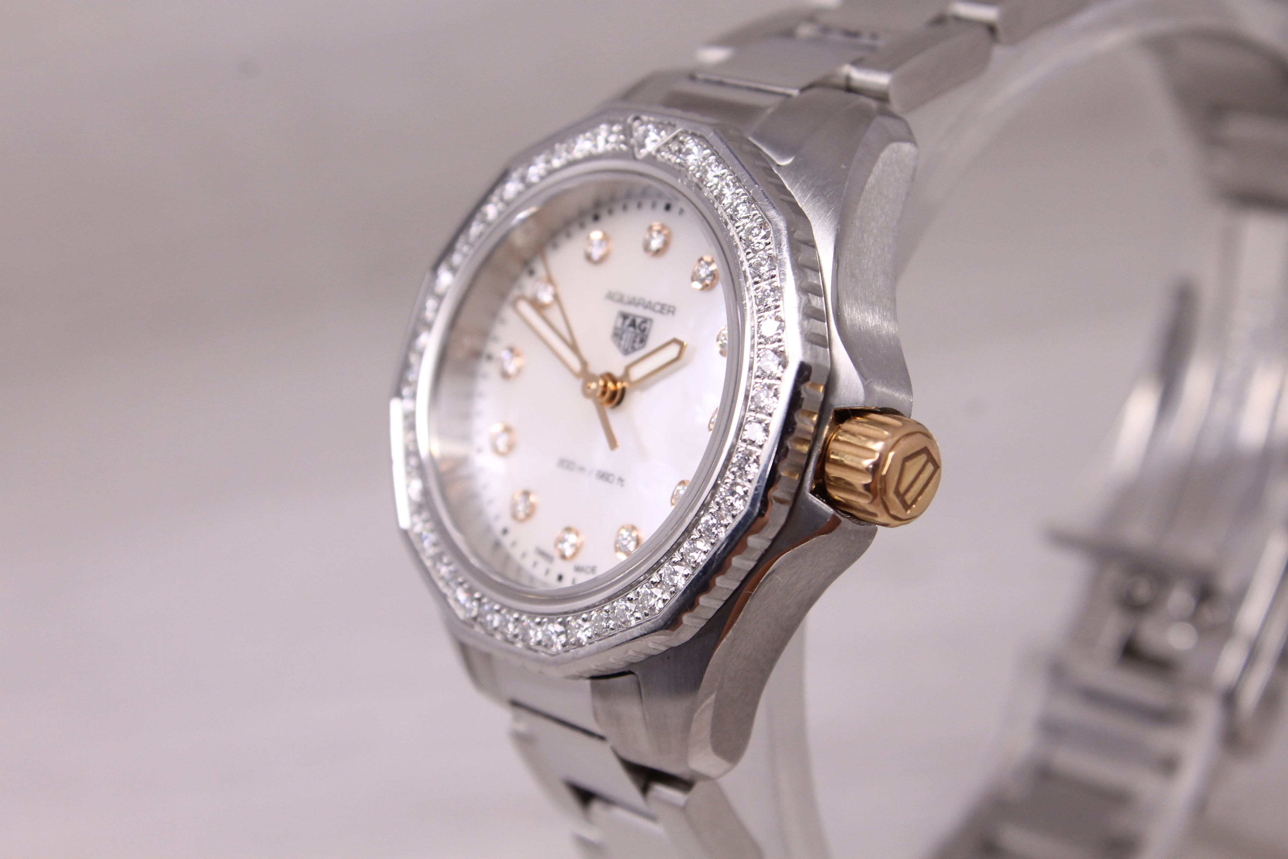 Tag Heuer Aquaracer Ladies 31mm Steel 18k Gold Watch Diamond Bezel Dial WBP1451