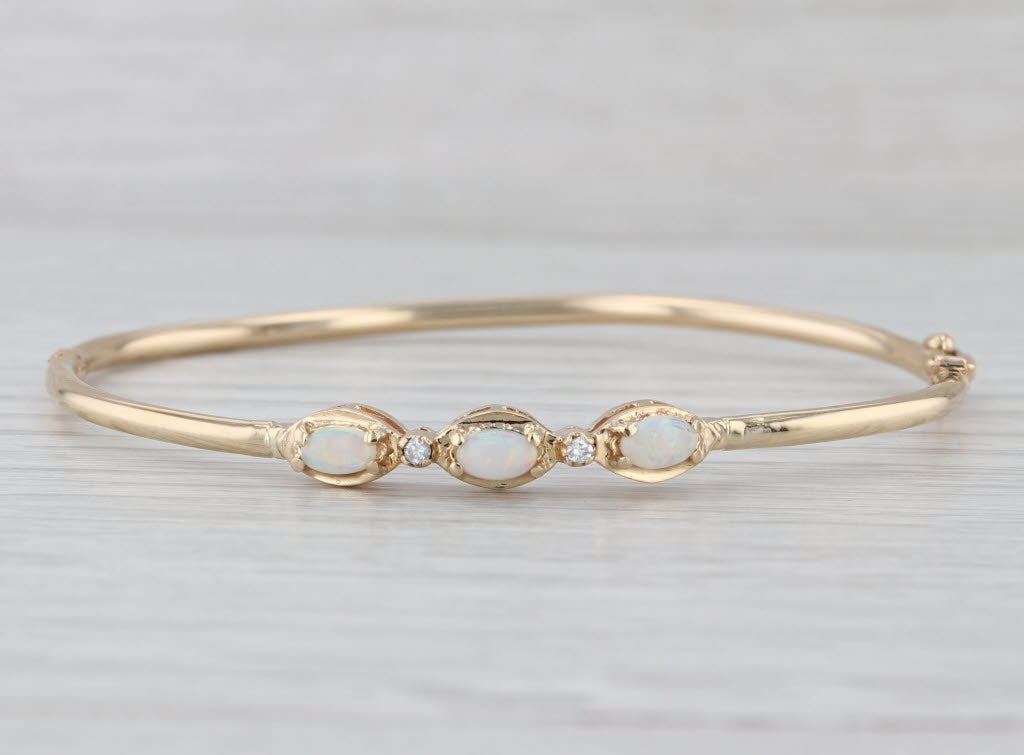 3-Stone Opal Diamond Bangle Bracelet 14k Yellow Gold 6.5"