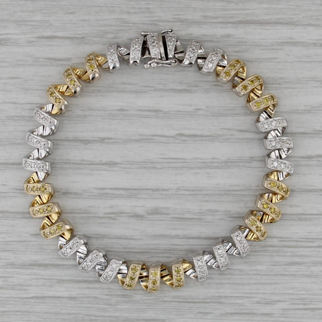 1.10ctw Yellow White Gold Coiled Chain Bracelet 2-Stoned 18k Gold 6.75" 7.4mm
