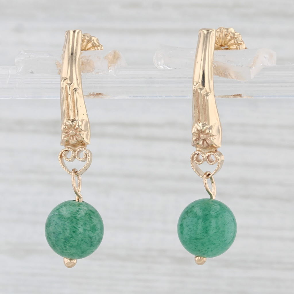 Light Gray Green Aventurine Bead Drop Earrings 14k Yellow Gold
