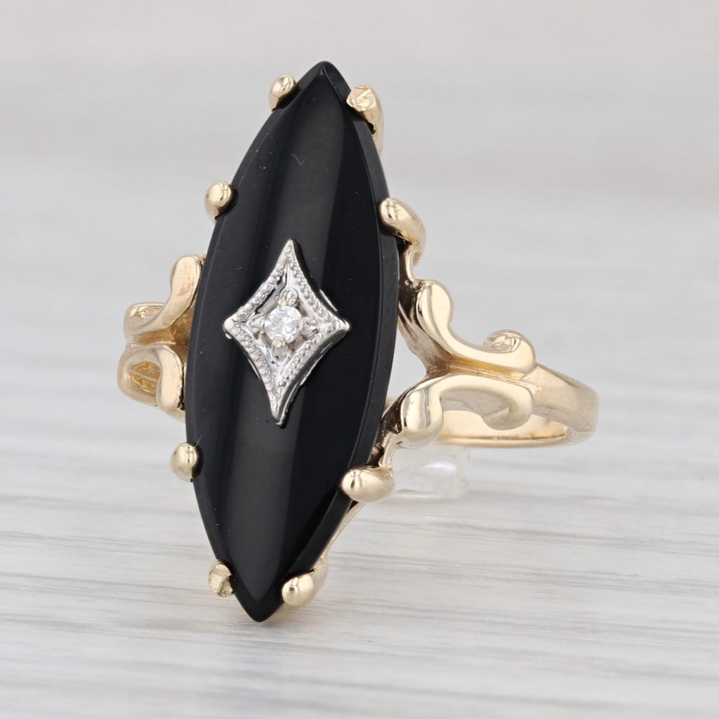 Vintage Marquise Onyx Diamond Ring 10k Yellow Gold Size 5.75