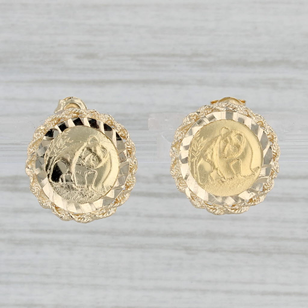 Gray Chinese Panda Coin Copy Stud Earrings 10k Yellow Gold