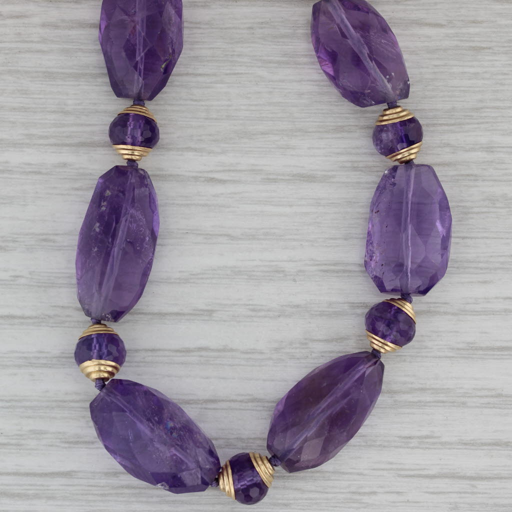 Gray Vintage Amethyst Bead Necklace 14k Yellow Gold 18" Statement