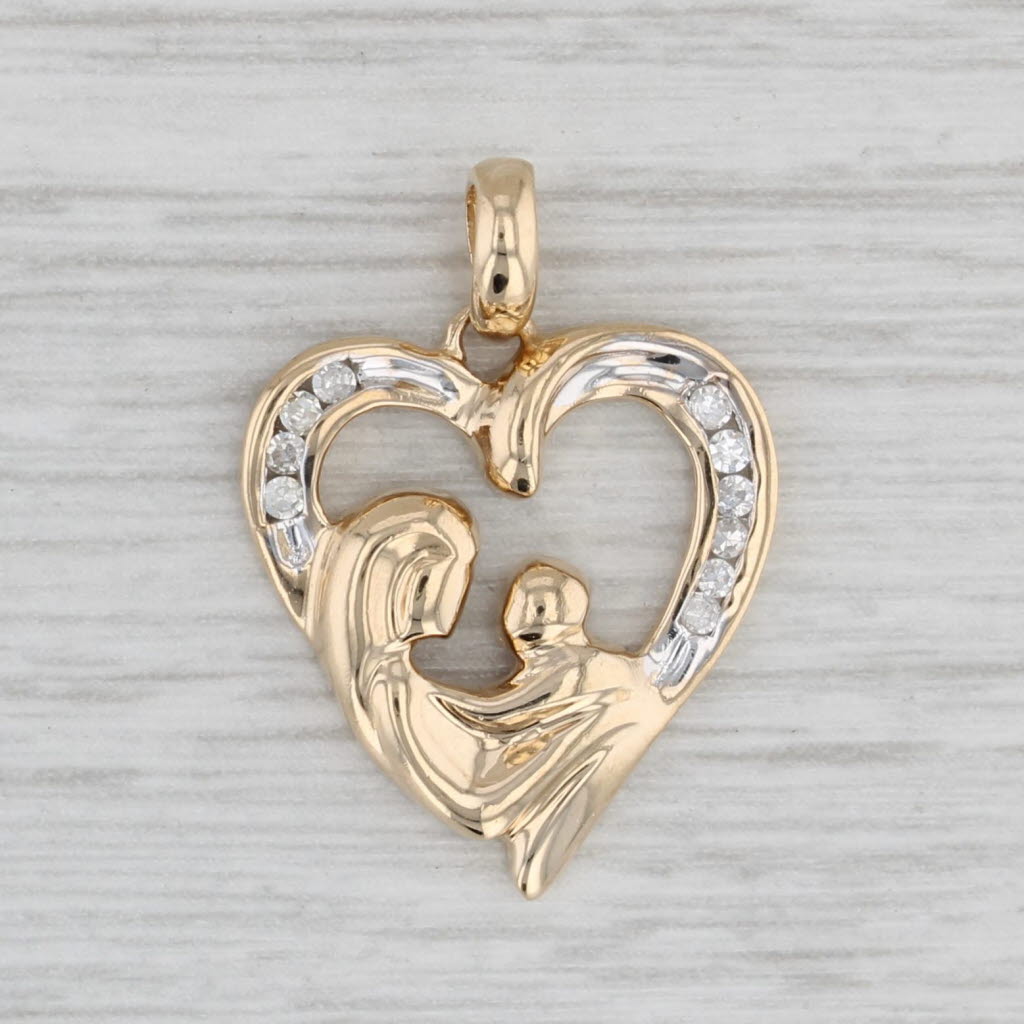 Light Gray Diamond Mother and Child Heart Pendant 10k Yellow Gold