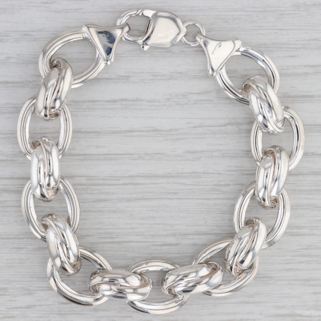 Gray Puffy Cable Chain Bracelet Sterling Silver 7" 14.4mm Lobster Clasp