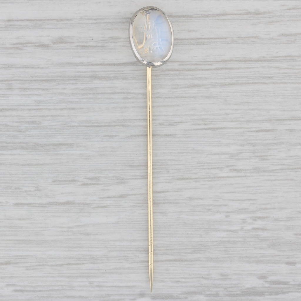 Gray Antique Blue Flash Moonstone Stickpin 14k Gold Platinum Hand Carved Figural