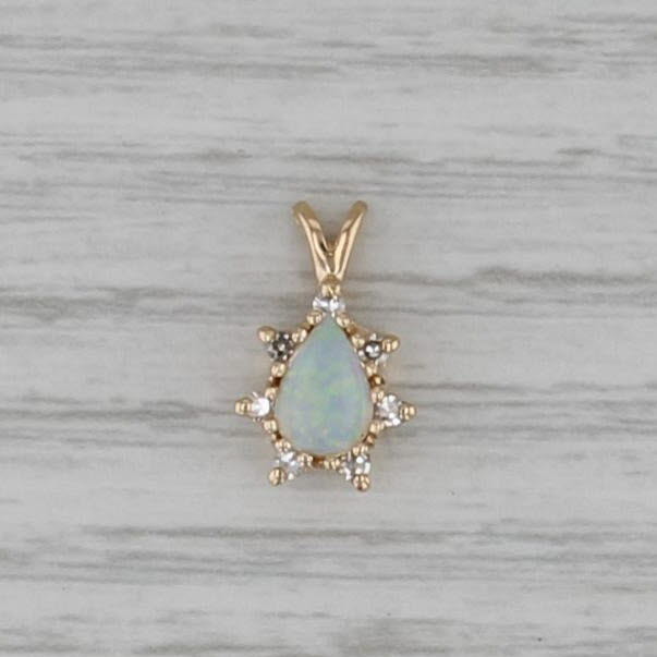 Opal Diamond Halo Pendant 14k Yellow Gold Small Drop