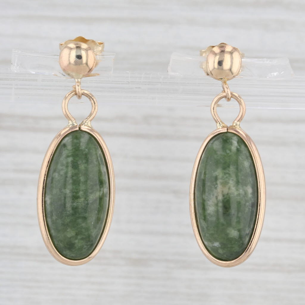 Light Gray Green Marbled Serpentine Oval Cabochon Drop Earrings 14k Yellow Gold