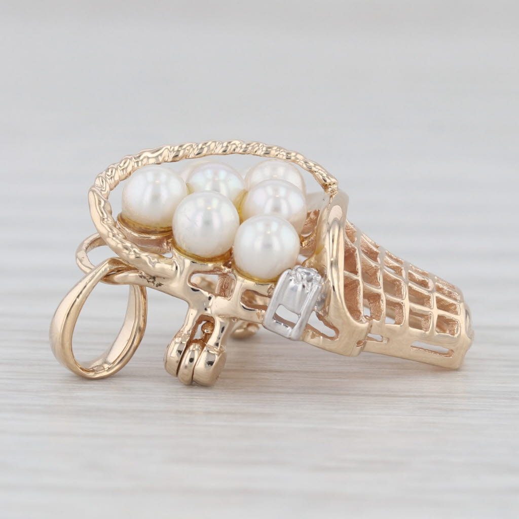 Light Gray Cultured Pearl Cluster Basket Flower Bouquet Pendant Pin 14k Gold Brooch Diamond