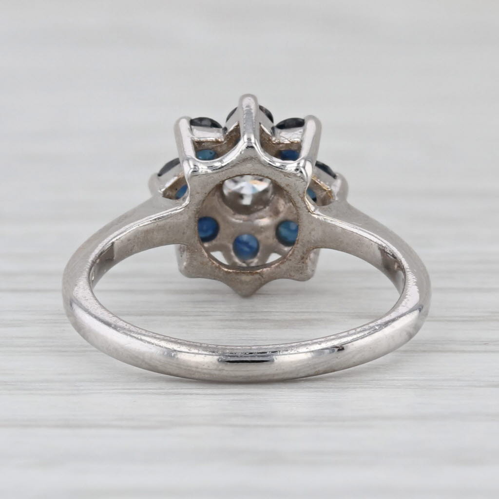 0.60ctw Diamond Blue Sapphire Halo Flower Ring 14k White Gold Size 3 Engagement