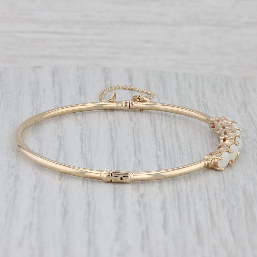 Gray Opal Bangle Bracelet 14k Yellow Gold 6.5" Hinged with Safety Chain