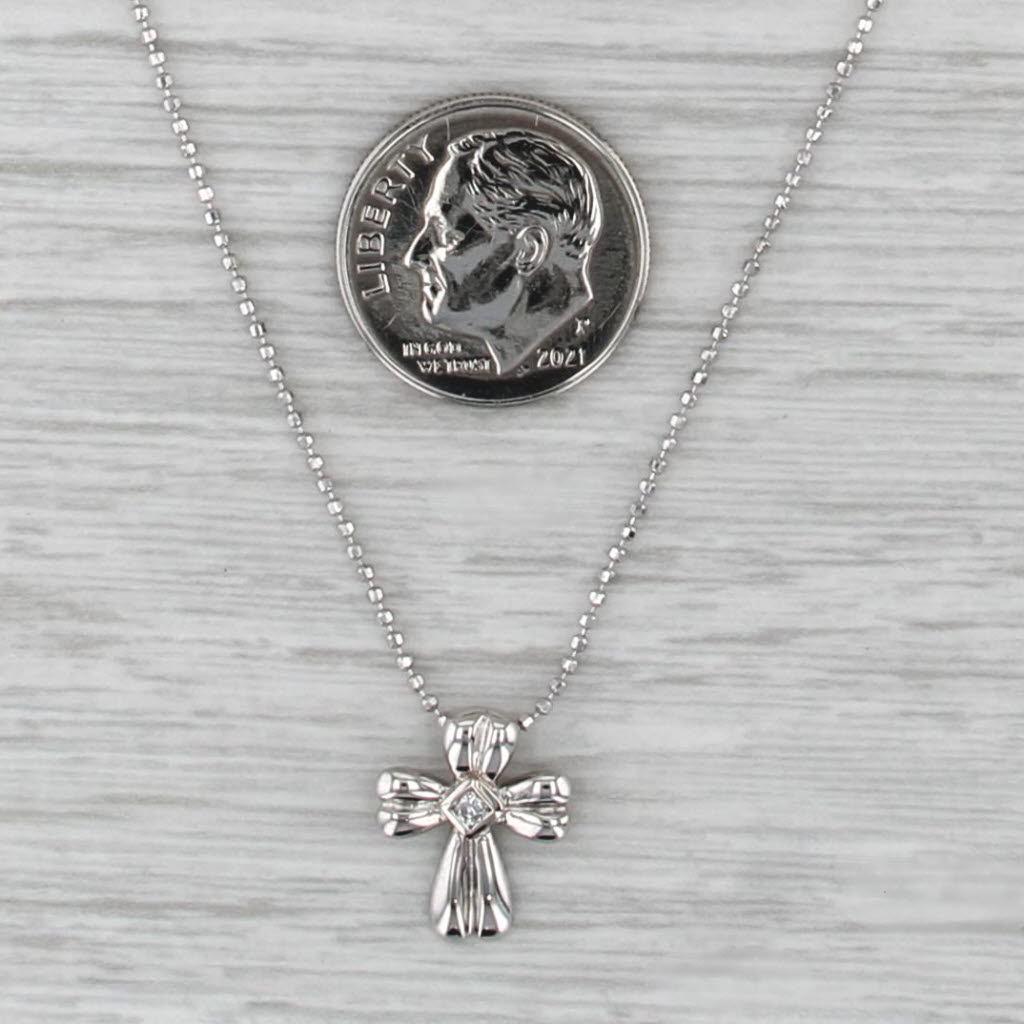Diamond Solitaire Cross Pendant Bead Necklace 14k White Gold 15.75"
