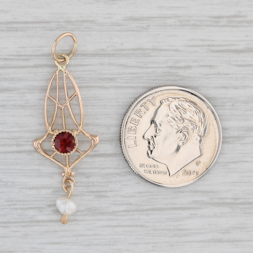 Gray Vintage Baroque Pearl Garnet Pendant 10k Yellow Gold Lariat