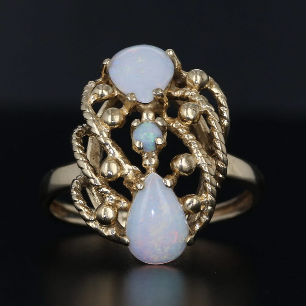 Black Pearl Cabochon Opal Openwork Ring 10k Yellow Gold Size 4.75