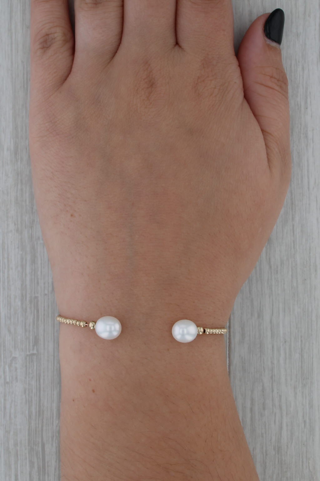 Cultured Pearl Bead Cuff Bracelet 14k Yellow Gold 6.5" 2mm