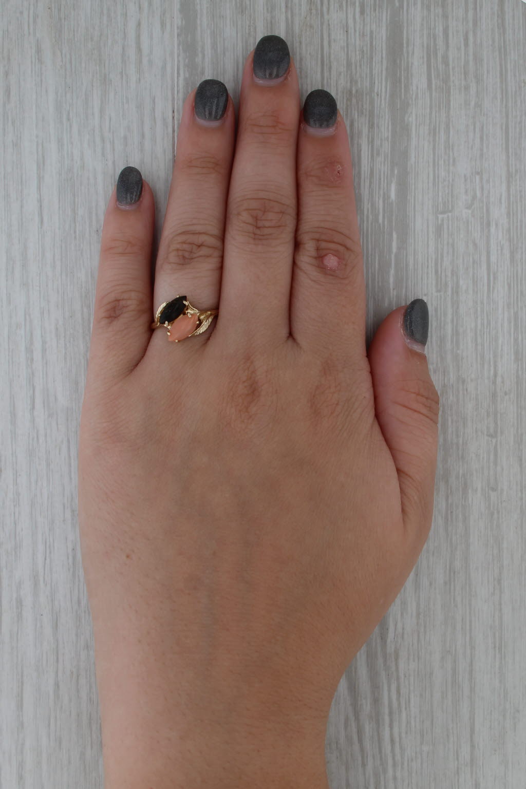 Pink & Black Coral Bypass Ring 14k Yellow Gold Size 7.5 Leaf Accents