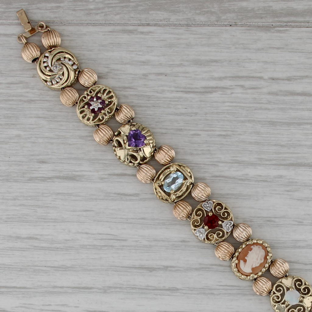 Gemstone Slide Charm Bracelet 10k Yellow Gold 7" Old Victoria Gleaner Cameo