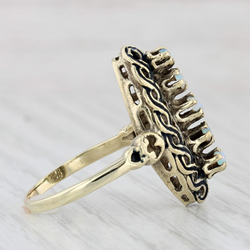 Light Gray Vintage Blue Opal Ring 13k Yellow Gold Size 9 Marquise Shape Round Cabochons