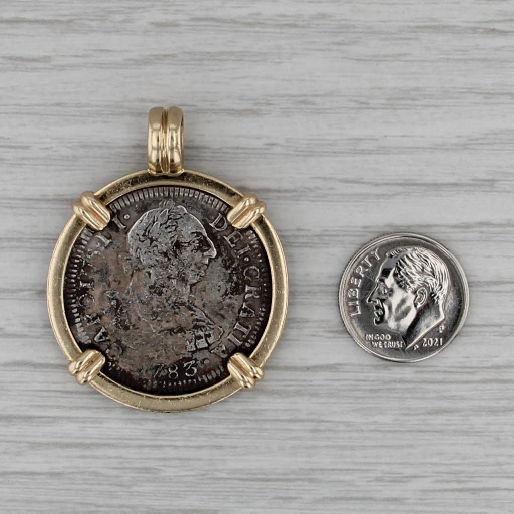 1783 El Cazador 2 Reales Shipwreck Coin Pendant 14k Gold Bezel Fine Silver Coin