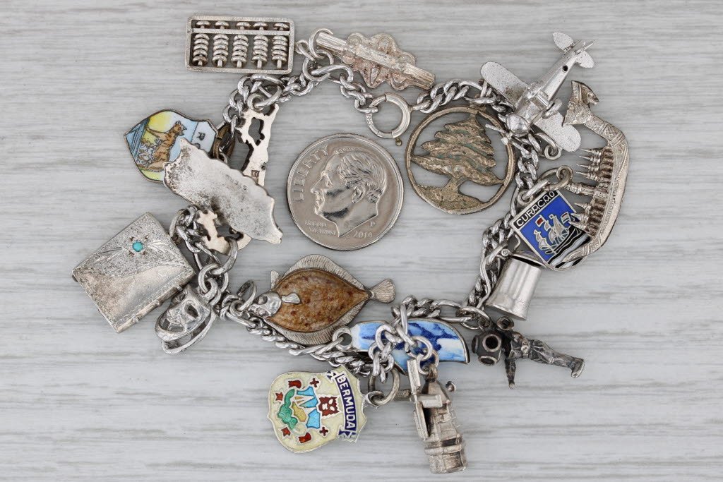 Gray Vintage Mixed Themed Charm Bracelet Sterling Silver Moving Parts 7" Travel