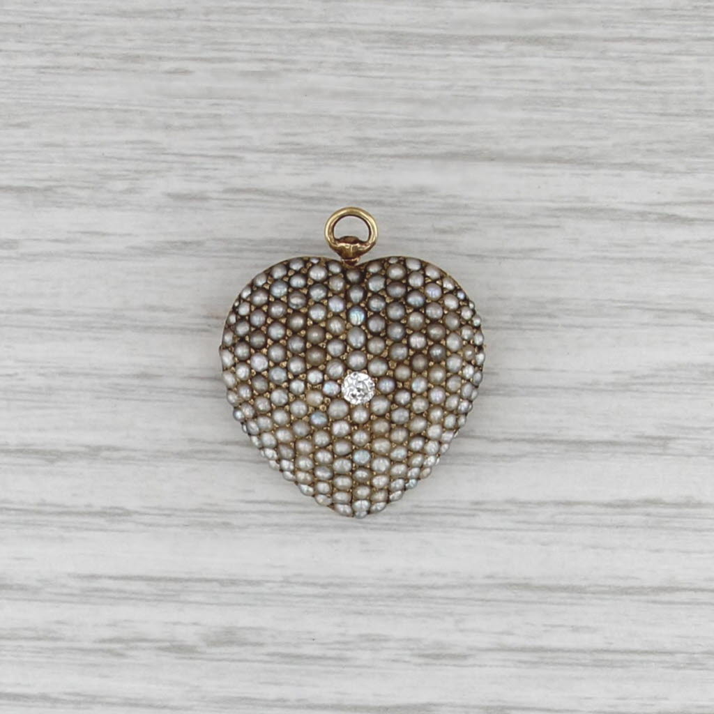 Vintage Diamond Seed Pearl Puffy Heart Pendant Brooch 14k Yellow Gold Pin