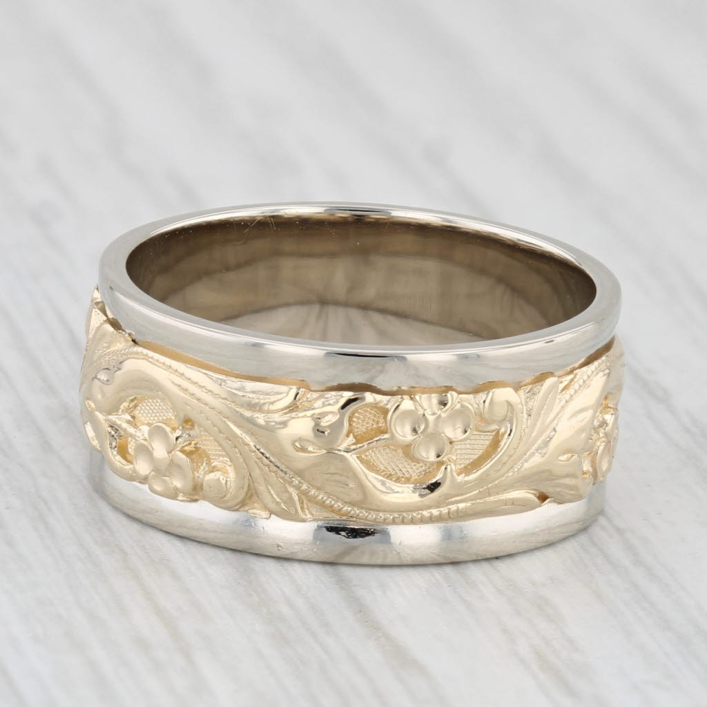 Light Gray Floral 2-Stone Ring 14k Yellow White Gold Size 6 Wide Band