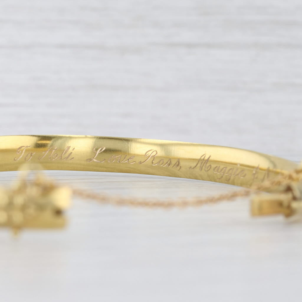 Light Gray Antique Ruby Diamond Ornate Bangle Bracelet 15k Yellow Gold 6.75" Engraved