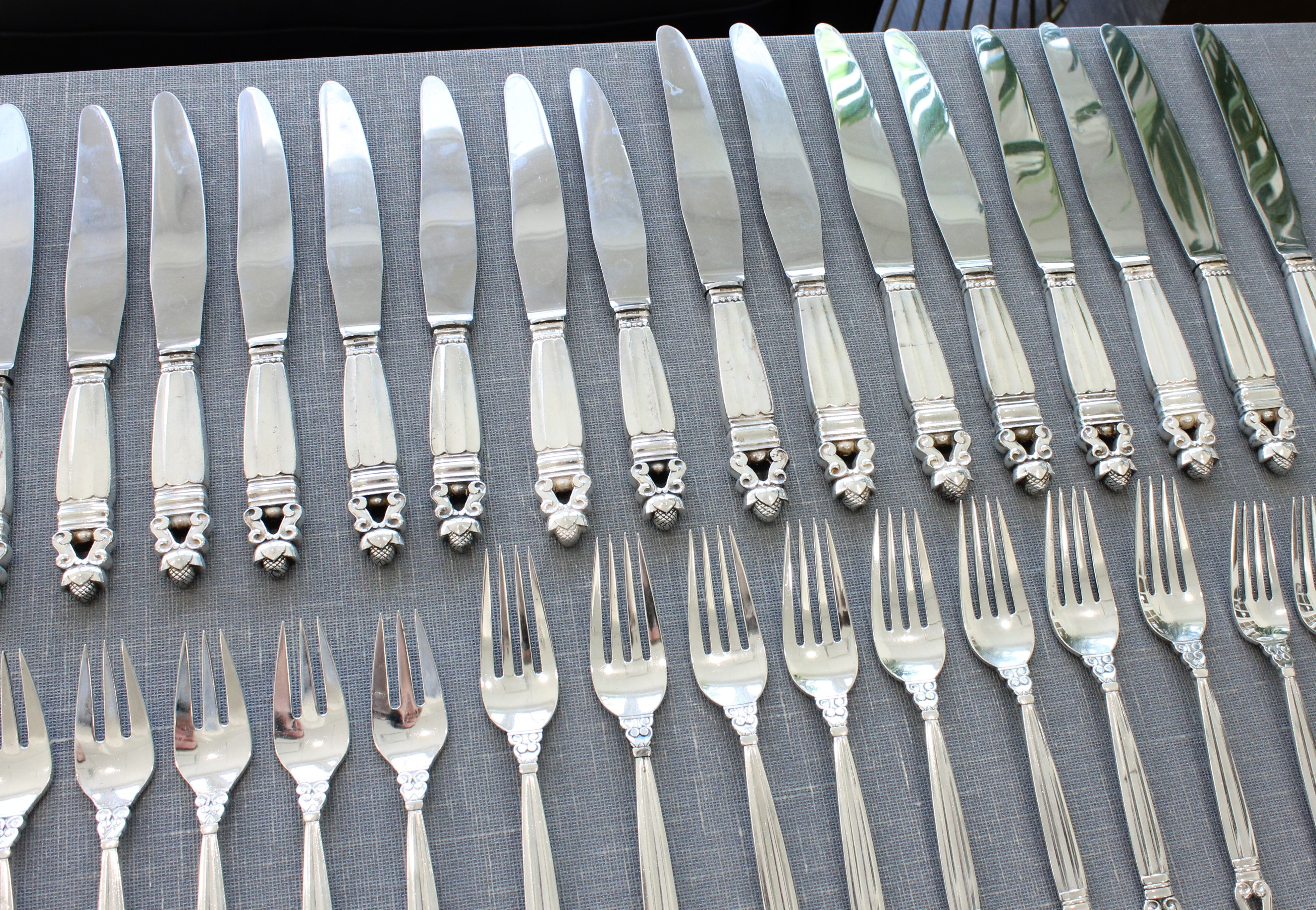 Light Slate Gray Georg Jensen Acorn Sterling Silver Flatware Set 10pc Service of 8 Danish Cutlery