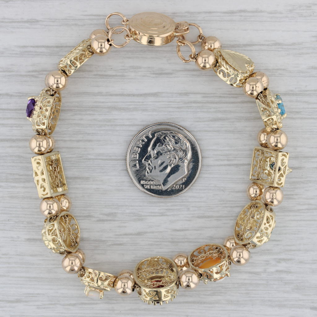 Gray Gemstones Slide Charm Bracelet 10k Gold 7.25" Cameo Amethyst Emerald Topaz Opal