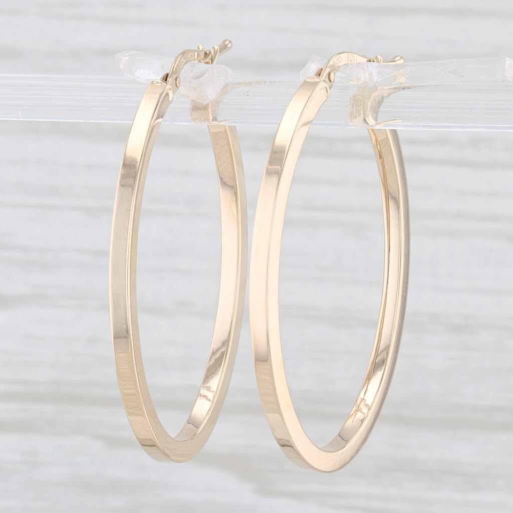 Light Gray New Beveled Oval Hoop Earrings 14k Yellow Gold Snap Top Pierced Hoops