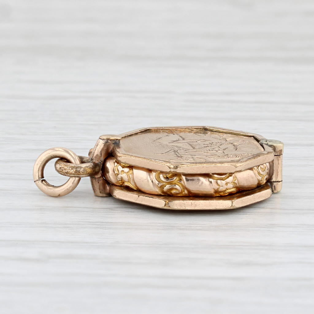 Light Gray Vintage Secret Locket Fob Pendant Engraved Scene Slide Opens