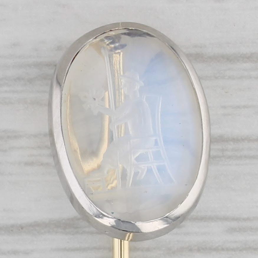 Gray Antique Blue Flash Moonstone Stickpin 14k Gold Platinum Hand Carved Figural