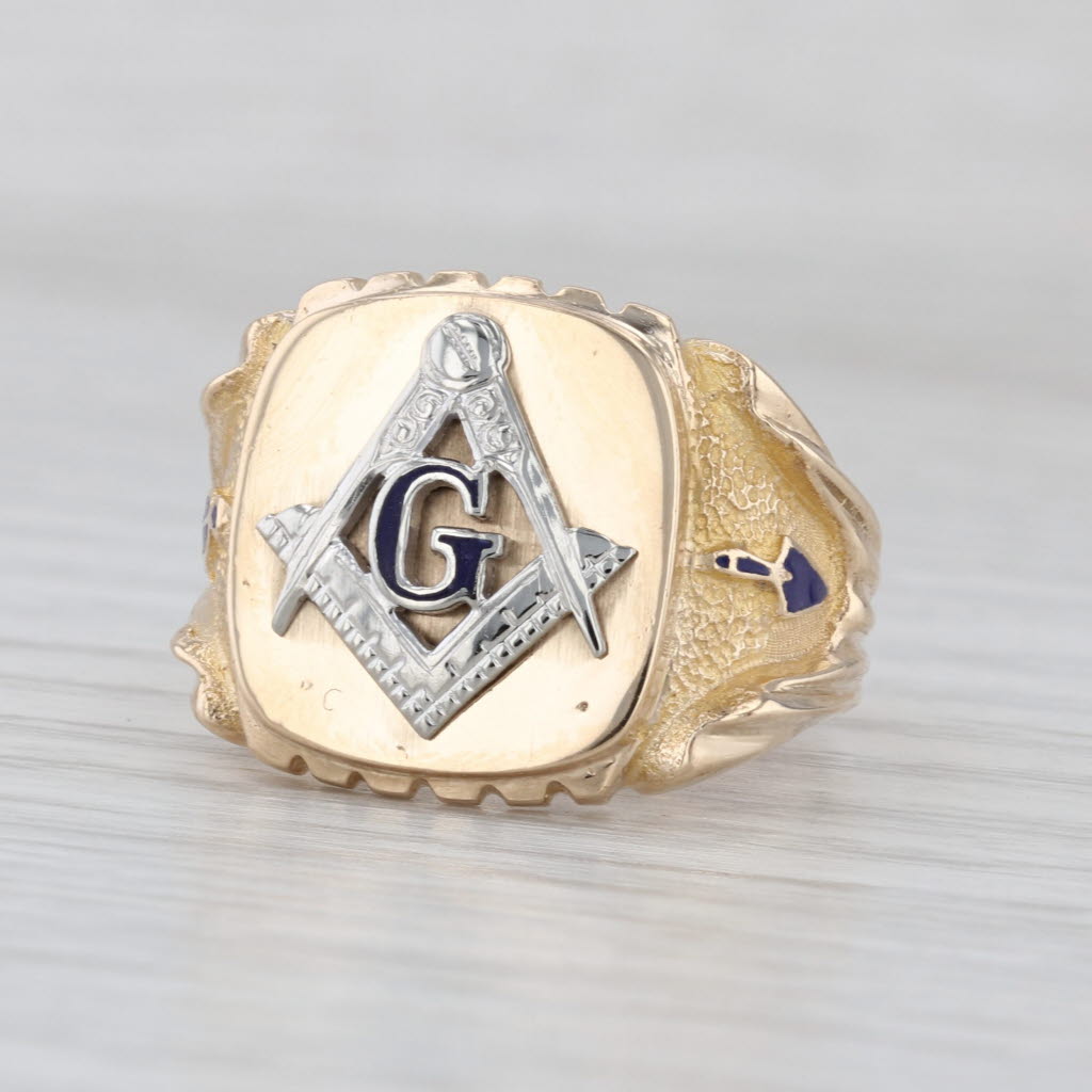 Vintage Masonic Square Compass Signet Ring 10k Gold Size Blue Lod