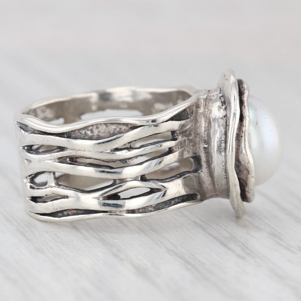 Light Gray Didae Cultured Button Pearl Solitaire Ring Sterling Silver Size 7.5 Statement