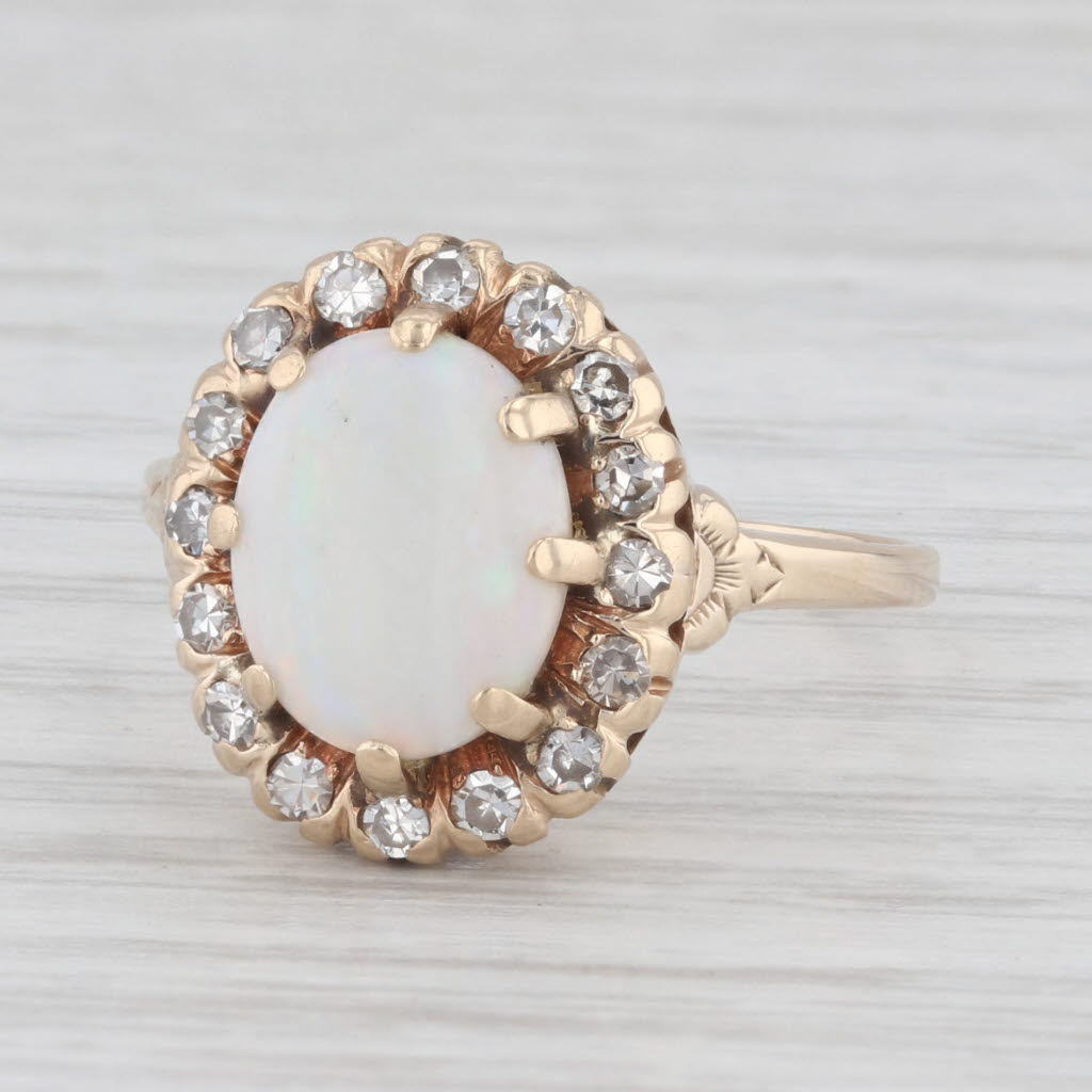 Light Gray Vintage Opal Diamond Halo Ring 14k Yellow Gold Size 7.75 Oval Cabochon AS IS