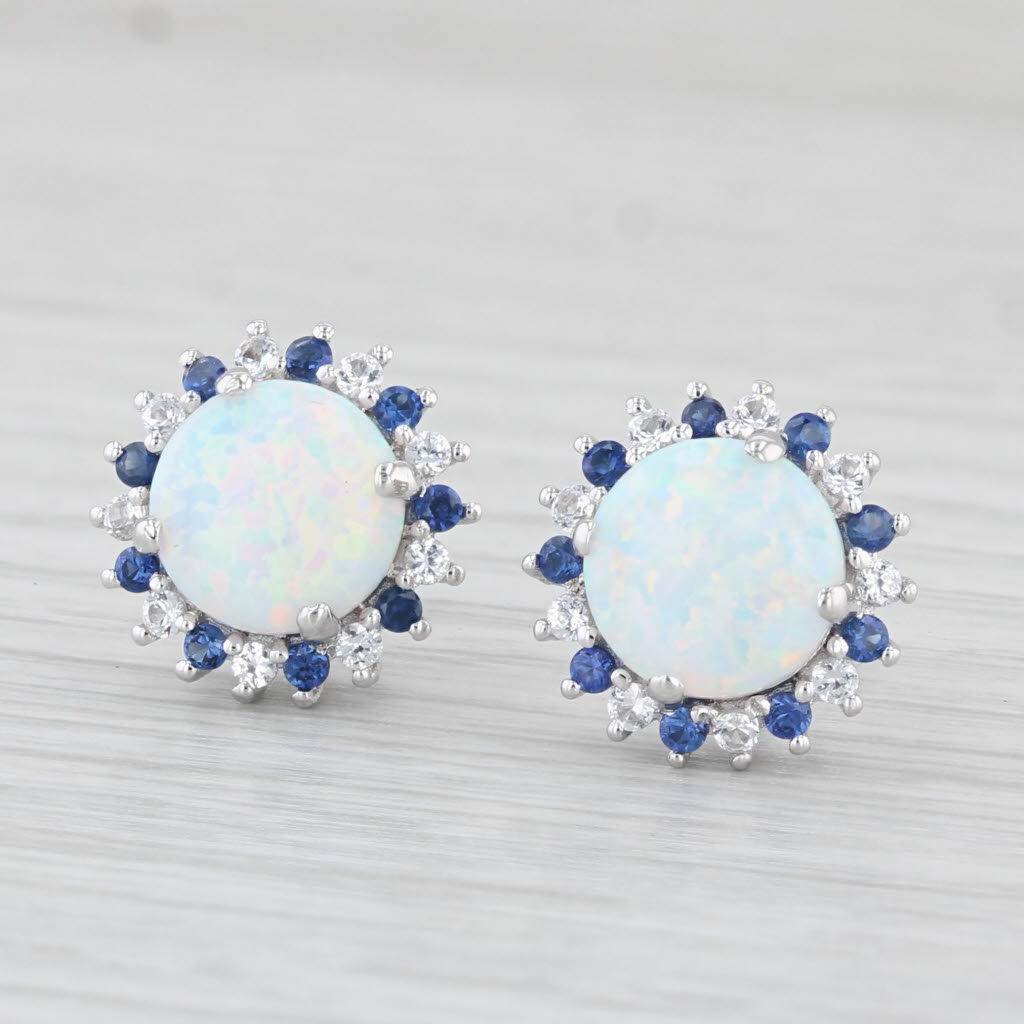 Light Gray Lab Created Opal Lab Created Sapphire Halo Earrings Sterling Silver Studs