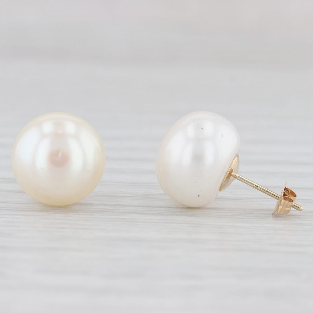 Light Gray Cultured Pearl Stud Earrings 14k Yellow Gold 11.9mm Round Solitaires