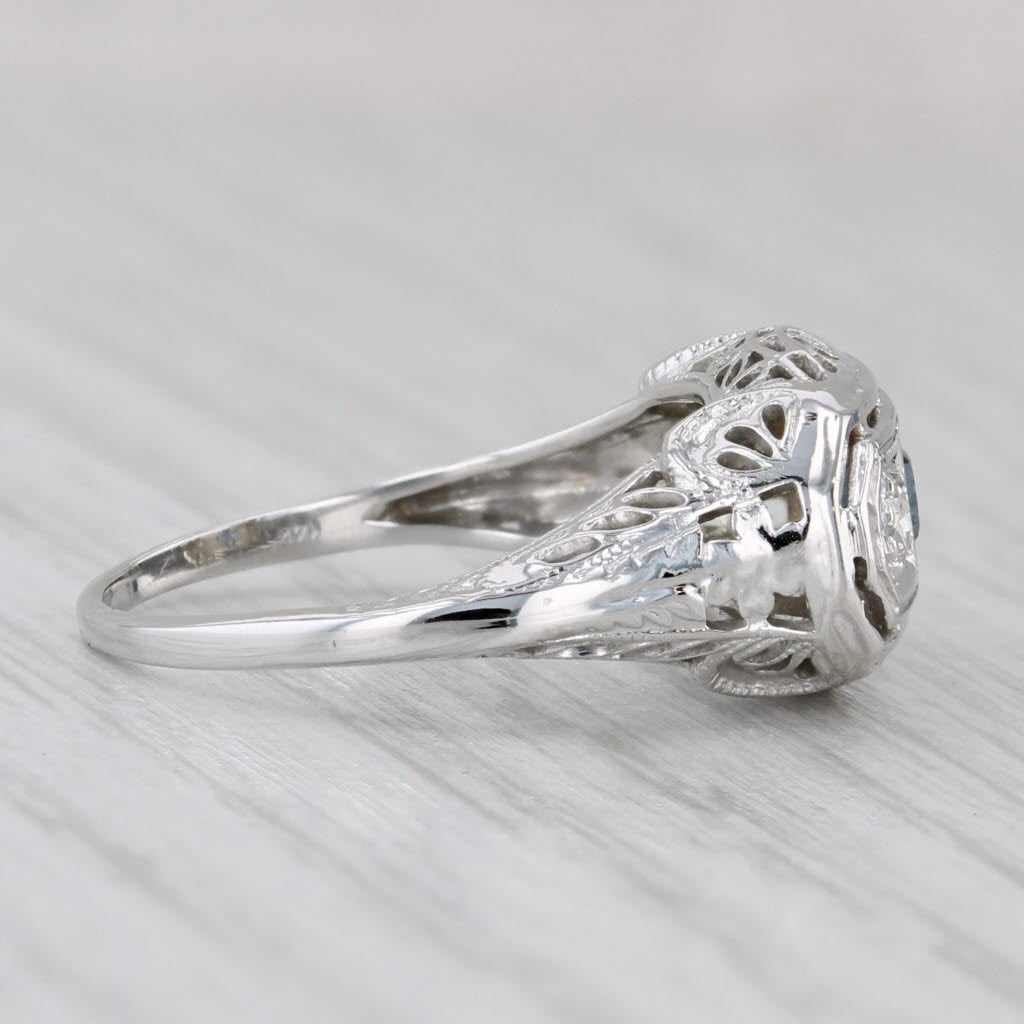 Gray Art Deco 0.31ctw Blue Sapphire Diamond Ring 18k White Gold Filigree Size 6