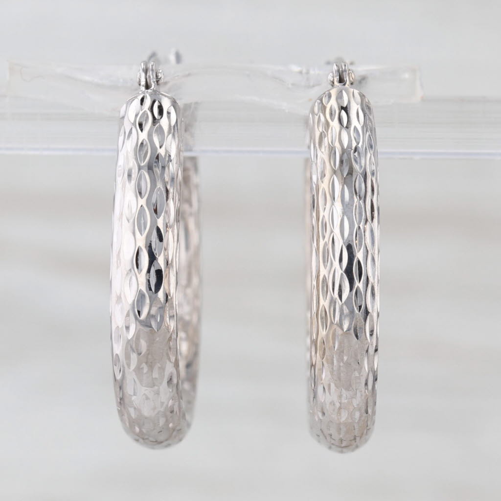 Textured 14k White Gold Hoop Earrings Snap Top Round Hoops