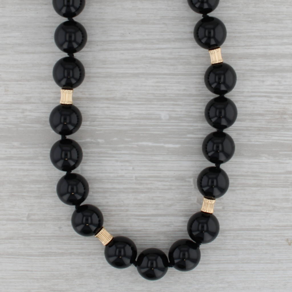 Dark Gray Onyx Bead Necklace 14k Yellow Gold Statement 16.5"